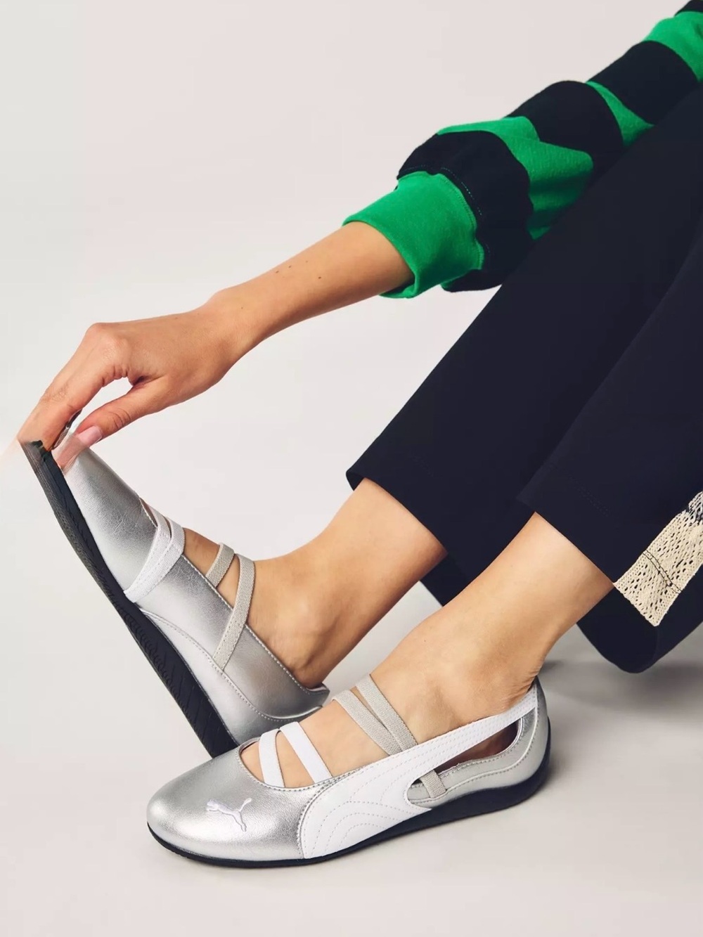 Puma Silver and White Ballet Flats with Elastic Straps